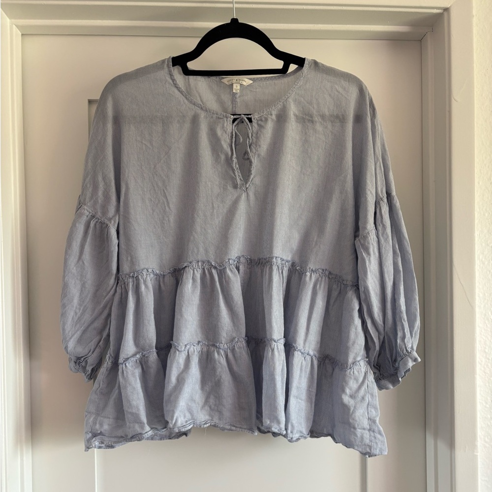 Lucky Brand Multi-Tier Babydoll Peasant Ruffled Shirt Blue White Stripe Womens S
